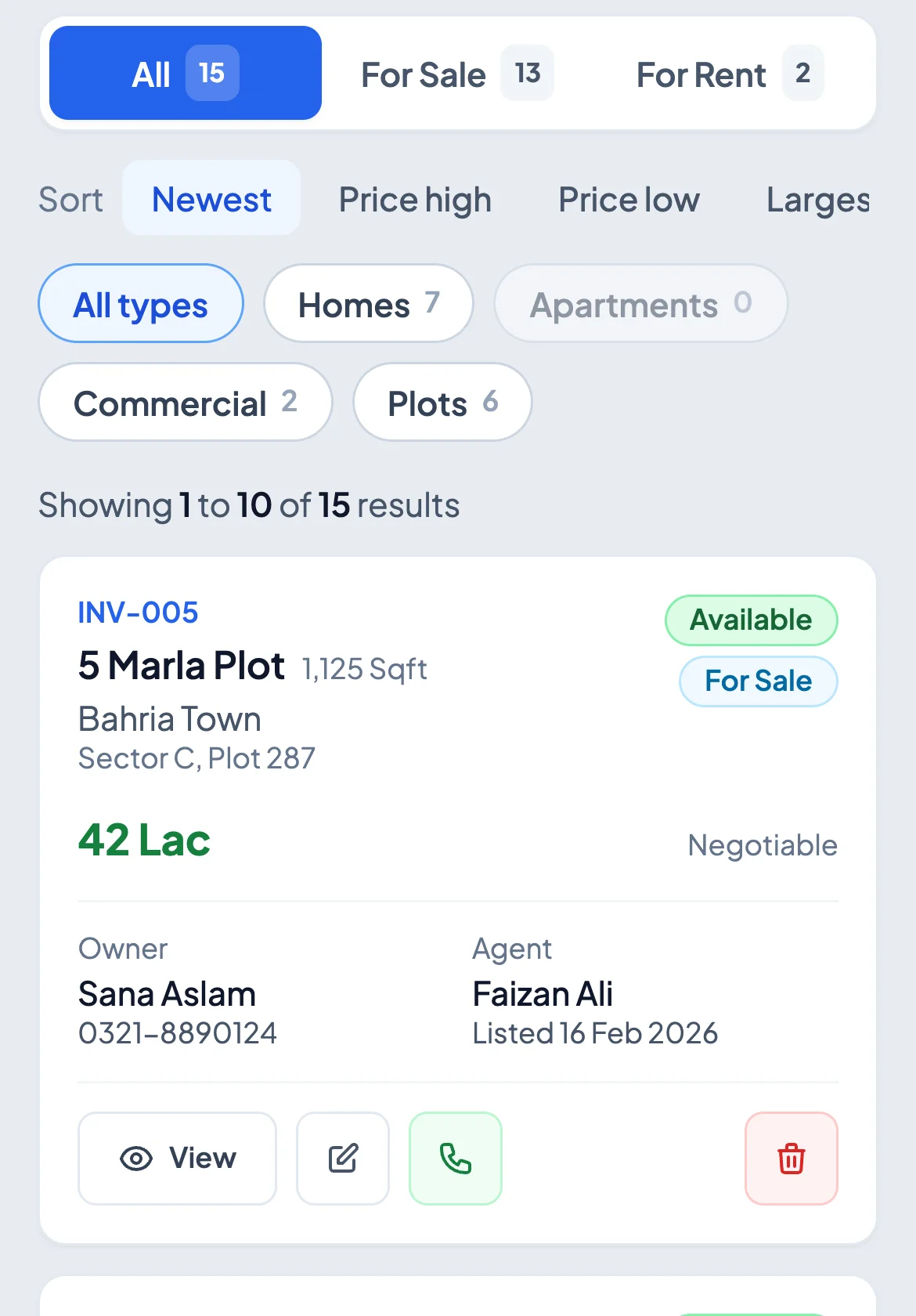 PropLog on a phone: inventory with sale and rent tabs